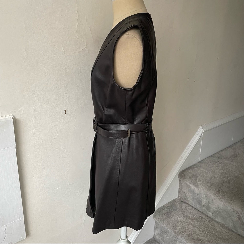 Vintage Jackie Bernard Brown Leather Sleeveless V-Neck Belted Mini Dress EUC 6 - Picture 2 of 7